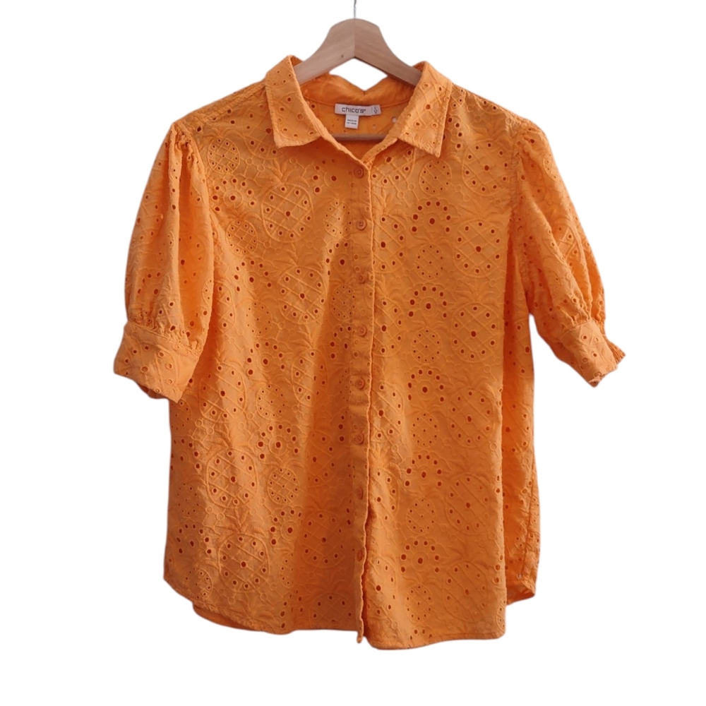 Chico's Embroidered Pineapple Lace Button Up Shirt